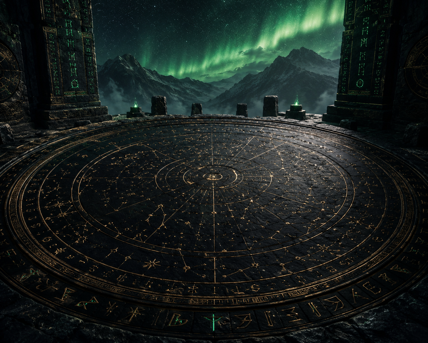 Ancient celestial star map carved in stone beneath an aurora sky