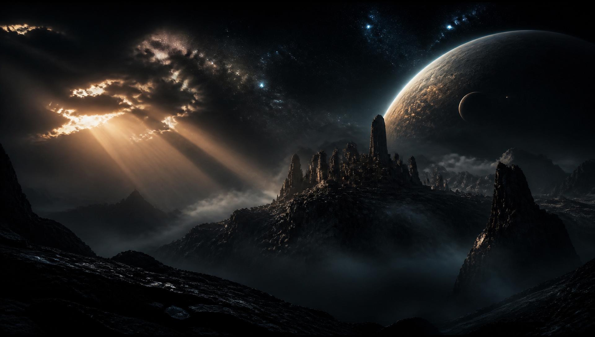 Cinematic landscape with ancient ruins beneath a starlit sky